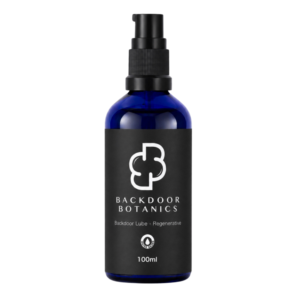 Backdoor Botanics Backdoor Lube, 100ml cobalt glass bottle with black airless pump