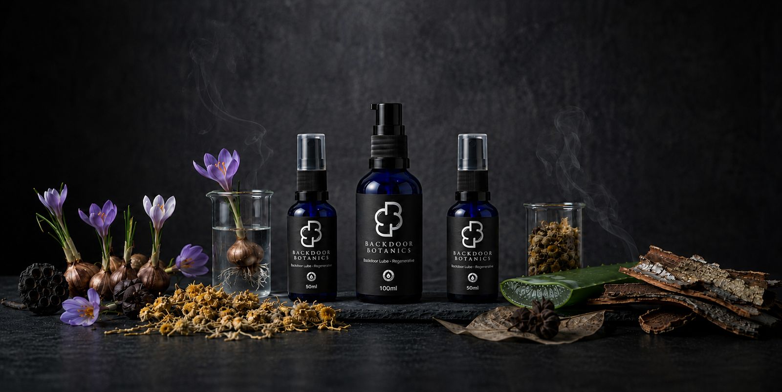 The Backdoor Botanics collection: three cobalt glass bottles among crocus flowers, chamomile, aloe and magnolia bark on a dark surface